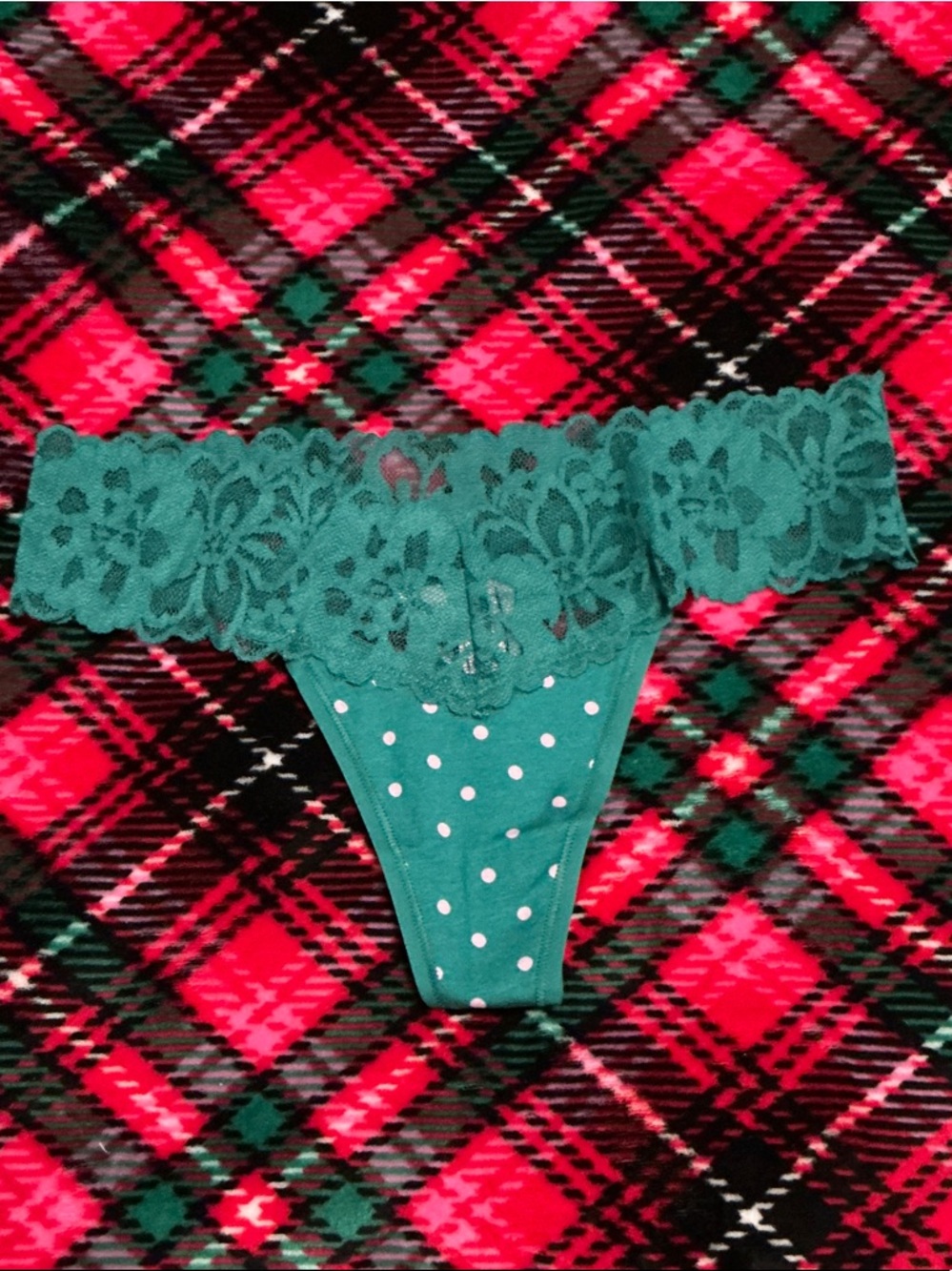 Victoria's Secret Teal Polka Dot Lace Waistband Thong